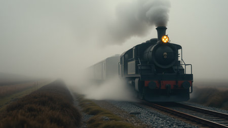 A steam locomotive on the railroad in the fogの素材