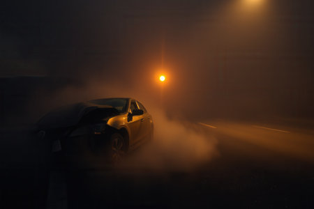 Crashed car on the road at night with fog. A shallow depth of fieldの素材