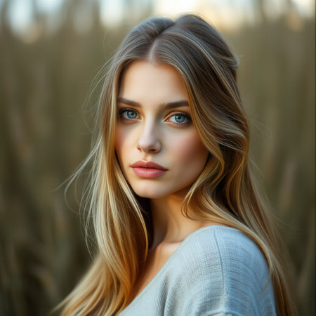 Portrait of a beautiful young woman with long blond hair. Beauty, fashion.の素材