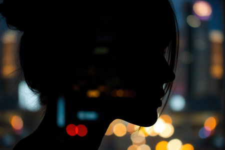 Silhouette of a woman's head against the background of night city lightsの素材