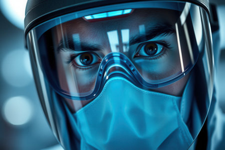 Portrait of a man in a protective mask, close-upの素材