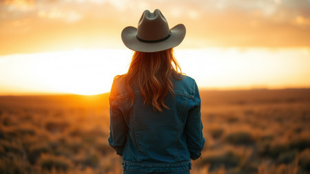 A girl in a cowboy hat against a beautiful sunset, back viewの素材