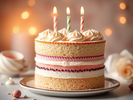 Birthday cake with three candles on a light-colored background, close-upの素材