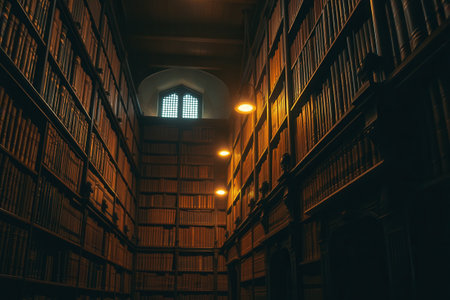 Tall bookshelves in a vintage libraryの素材