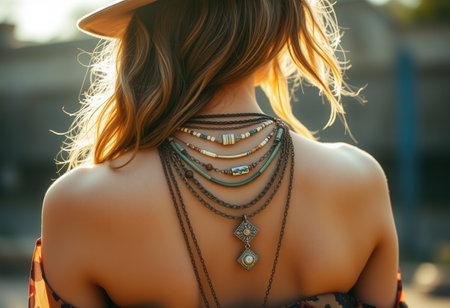 Girl with necklaces around her neck, back close-upの素材
