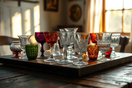 Close-up of vintage glassware on a rustic wooden table, illuminated by soft morning lightの素材