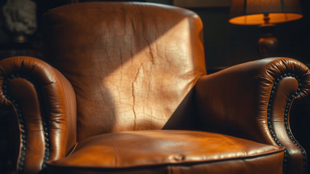 Vintage brown leather armchair close upの素材