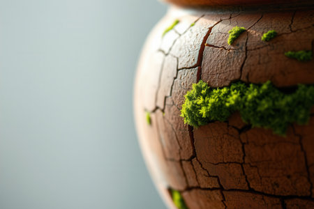 Green moss growing on a clay pot. Conceptual image for environmental conservationの素材