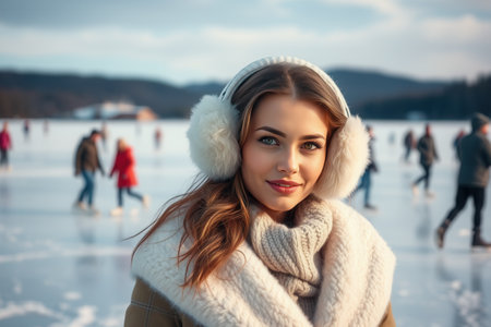 Beautiful young woman skating on a frozen lake in winter, portraitの素材