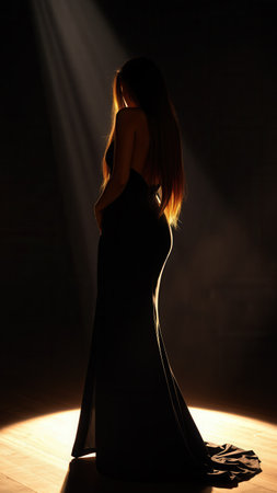 beautiful girl in a long evening dress on a dark background.の素材