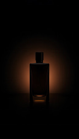 A single bottle of perfume, on a dark background with barely visible illuminationの素材