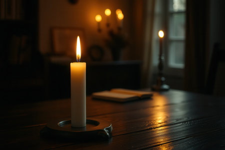 A burning candle on a wooden table in a dark roomの素材