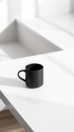 Black cup on a white table. Minimalist styleの素材