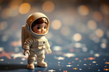 Small astronaut toy figurine with star and bokeh backgroundの素材