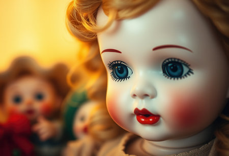 Close up portrait of a doll with beautiful eyes and red lipsの素材