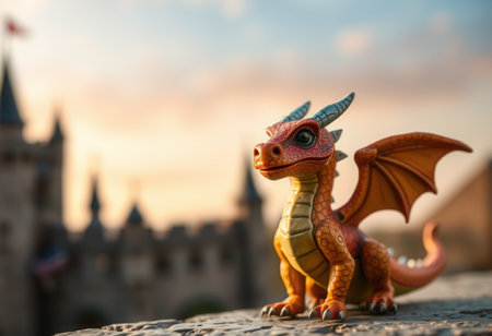 A toy dragon against a castle at sunsetの素材