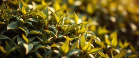 Close-up of green shrub leaves in a sunny gardenの素材