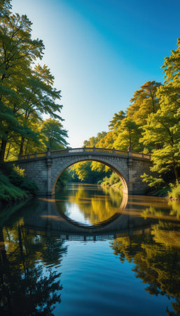 Stone bridge over the river with reflection in the parkの素材