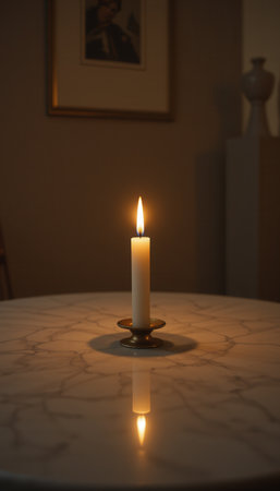 Burning candle with reflection on a marble table in the roomの素材
