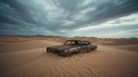 An old rusty car in the middle of the desertの素材