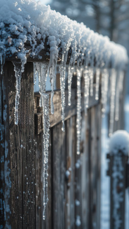 Icicles hanging from a wooden fence in a cold winter dayの素材