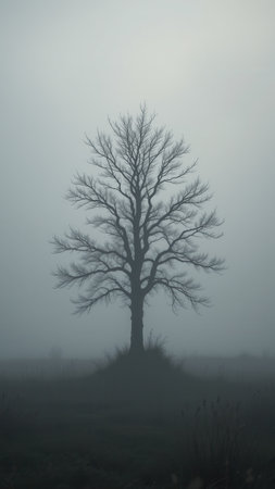 A lone tree in a misty field, early morningの素材