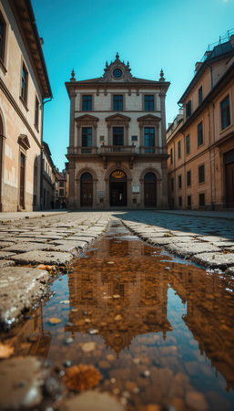 Close-up of a puddle on the street of an historic European cityの素材