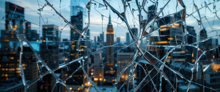 Broken glass on the background of urban landscape. Broken glass conceptの素材