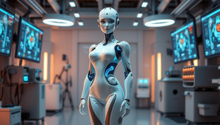 A female robot stands in a modern laboratoryの素材