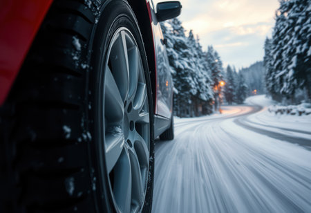 Close-up of a car's winter tires on a snow-covered roadの素材