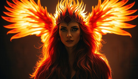 Portrait of a beautiful red-haired woman wearing a crown of fireの素材