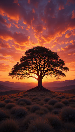 Silhouette of a tree against a beautiful sunsetの素材