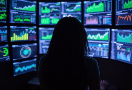 Silhouette of a girl in front of a monitor with various graphs and chartsの素材