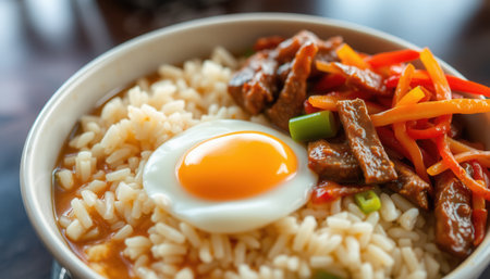 Rice with beef, egg and vegetables close-upの素材