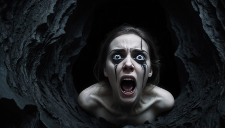 A fearsome woman screams from a dark caveの素材