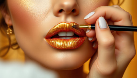 Beautiful woman with gold lipstick on her lips and a makeup brush. Close-up.の素材
