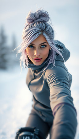 Trendy young woman with pink hair wearing winter sportswear poses outsideの素材