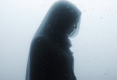 The silhouette of a woman behind a glass covered with raindropsの素材