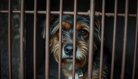 A dog with sad eyes in a rusty iron cage, close-up portraitの素材