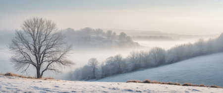 Panoramic view of foggy winter landscape with frozen treesの素材