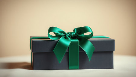 Gift box with green ribbon on beige backgroundの素材