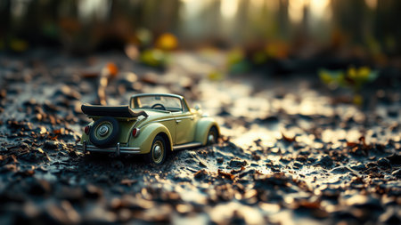 Vintage toy car on the ground in the autumn forestの素材