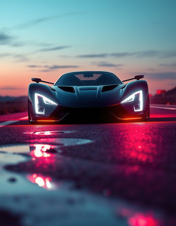 A sports concept car on the road at sunsetの素材