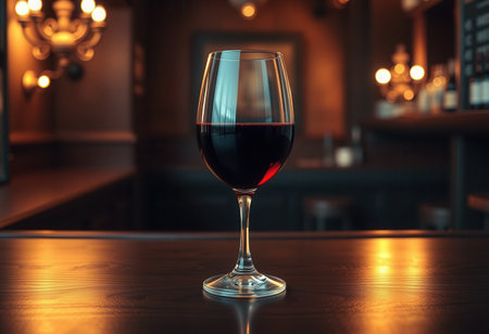 A glass of red wine on a wooden table in a bar or restaurantの素材