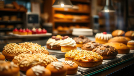 Assortment of cakes on display in a bakery shopの素材