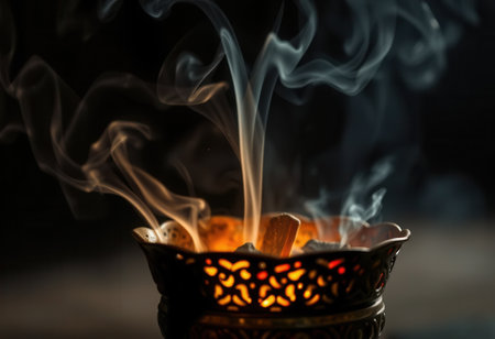 Burning incense sticks in a pot on a dark backgroundの素材