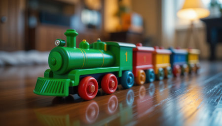 Colorful toy train on the wooden floor in the living roomの素材