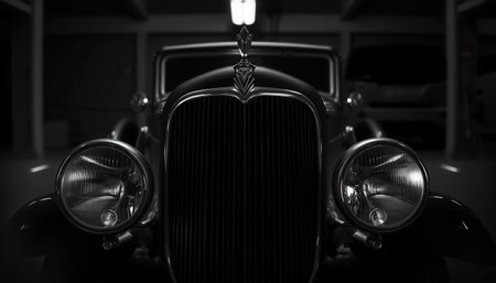 Classic retro car with round headlights, black and white image, front viewの素材