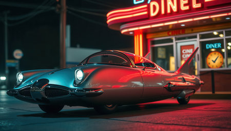 Futuristic Classic Car parked in front of a Diner with neon lights at nightの素材