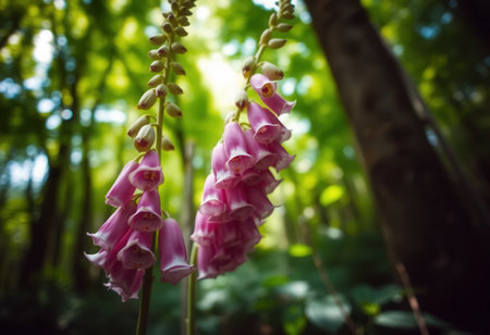 Delicate pink bell-shaped flowers blooming in a sunlit forestの素材